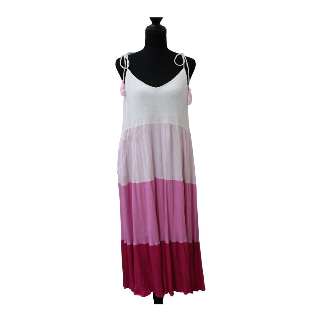 Eesome Pink Ombre Maxi Dress Tassel Strap Boho Resort Vacation Beach Large‎ EUC
